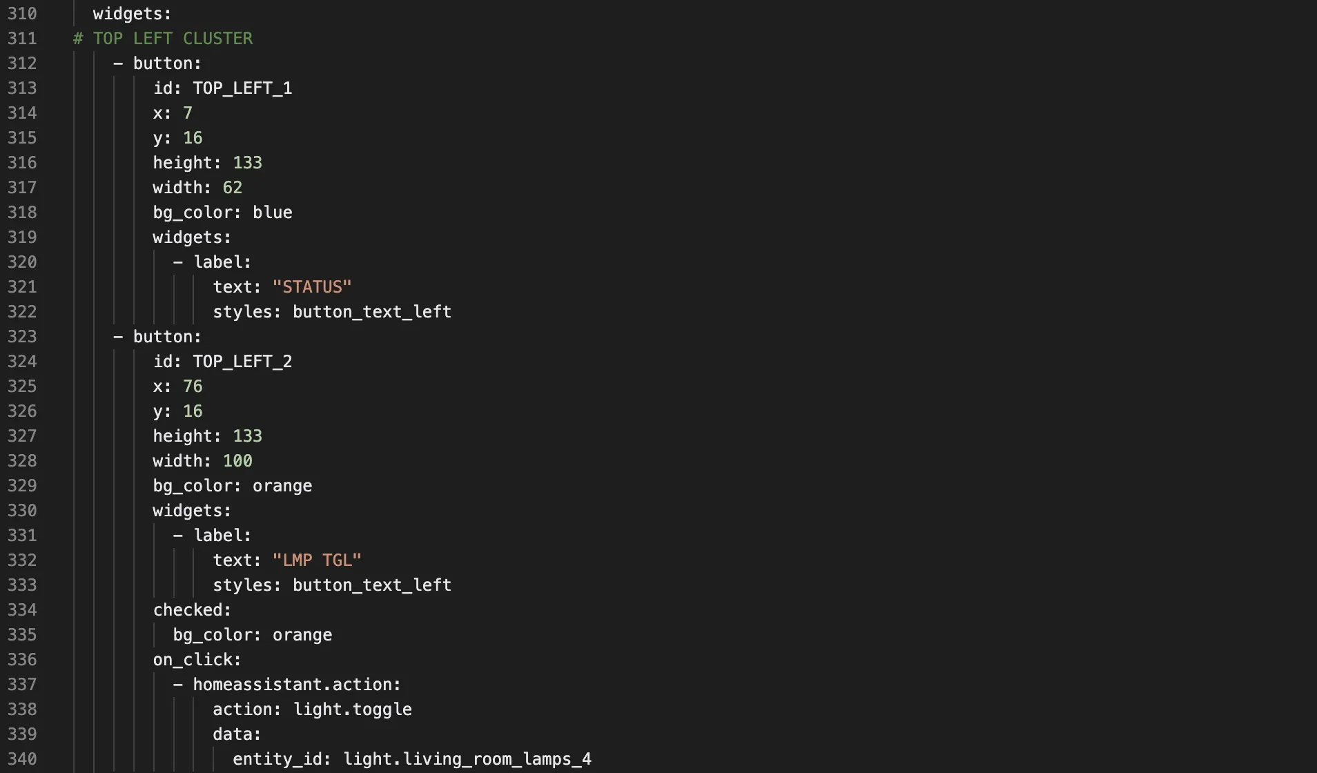 YAML mostrando la construcción de dos botones para una interfaz de control LCARS de Star Trek