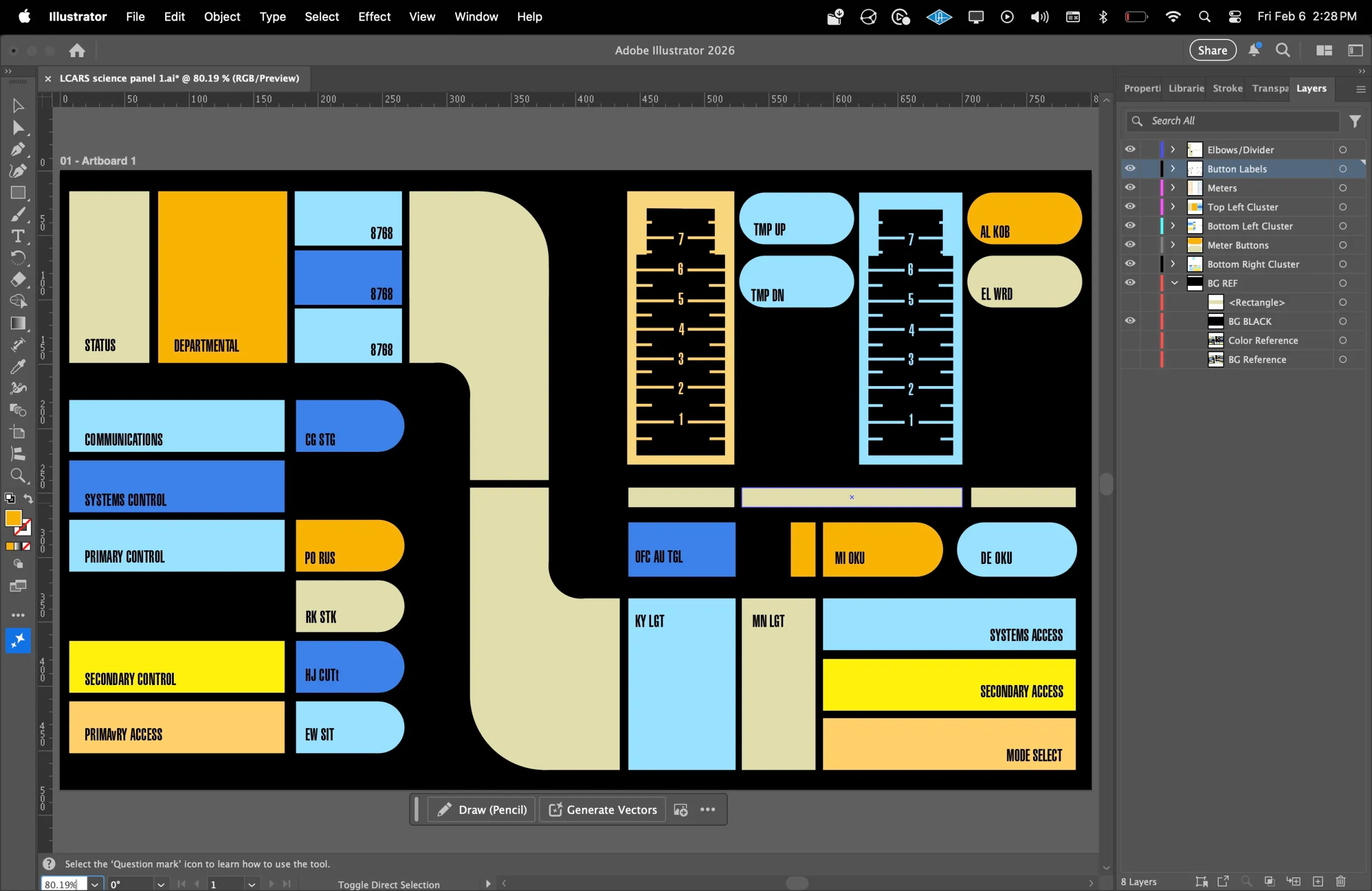 Una captura de pantalla de Adobe Illustrator mostrando un diseño para un panel de control de computadora LCARS de Star Trek